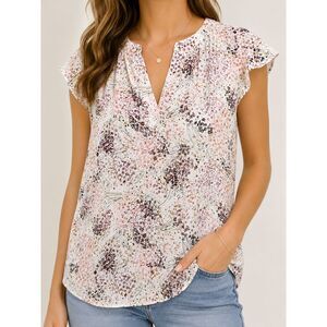 LOFT Floral Flutter Sleeve Blouse Top S Pink White Career Office Interview